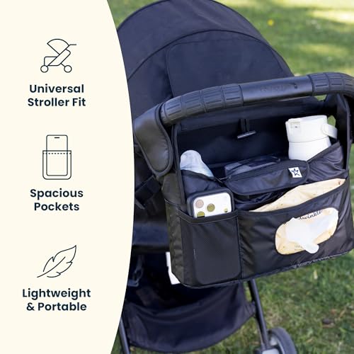 Tiny Twinkle Universal Stroller Organizer with Adjustable Strap - Waterproof Stroller Caddy Fits Baby Jogger, Nuna, Graco, Donna and Bugaboo Strollers（Black） - color: Black, size: Premium