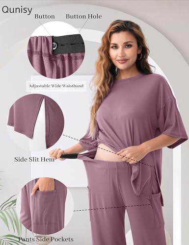 Maternity Lounge Set, 2 Piece Matching Set with Wide Leg Pants - color: Purple, size: X-Large