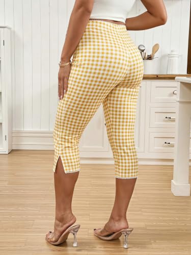 MakeMeChic Women's Maternity Plaid Capri Leggings Split Hem Capris Pants - color: Yellow and White, size: Large