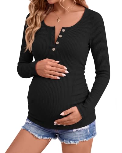 Women's Maternity Long Sleeve Shirt Pregnancy Top - color: Black, size: Medium
