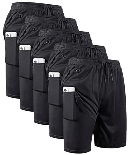 JWJ Men's 2 in 1 Workout Running Shorts 7 Inch Lightweight Athletic Gym Shorts with Compression Liner - color: 5 Pack Black / Black / Black / Black / Black, size: XX-Large