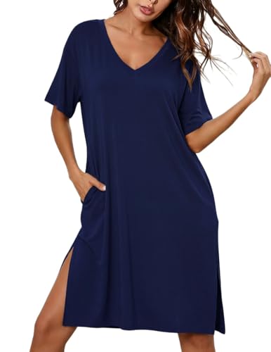 Ekouaer Womens Plus Size Nightgown Bamboo Viscose Short Sleeve Sleepshirt - color: Navy Blue, size: XX-Large