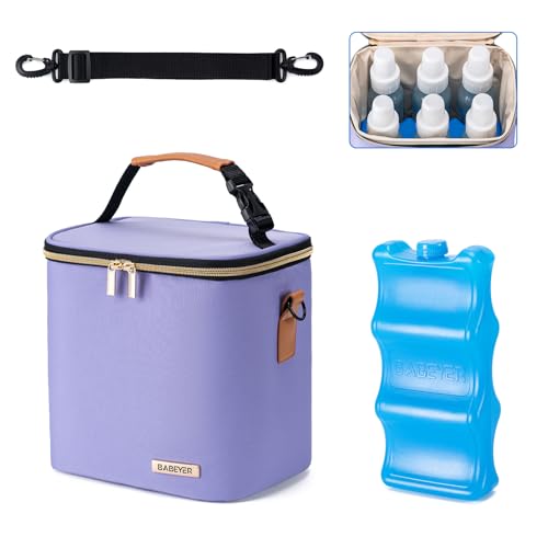 Breastmilk Cooler Bag with Ice Pack Fits 6 Baby Bottles Up to 9 Ounce, Baby Bottle Bag with Shoulder Strap for Nursing Mom Daycare, Violet - color: Purple, size: Fits 6 Baby Bottles Up to 9 Ounce