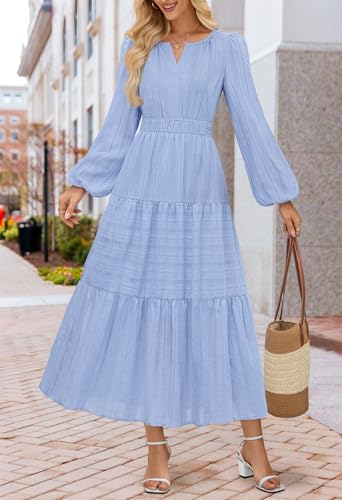MEROKEETY Womens Fall Puff Long Sleeve Casual V Neck Modest Midi Maxi Dress - color: Blue, size: Medium