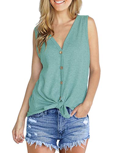 IWOLLENCE Womens Button Tank Tops Tie Front Knot - color: Blue Green, size: Small