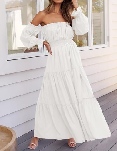 ZESICA Womens Fall Long Sleeve Boho Off Shoulder Maxi Dresses - color: White, size: Medium