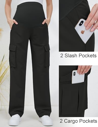GLAMIX Women's Maternity Cargo Pants with Four Pockets Over The Belly Scrub Pants Pregnancy Clothes - color: Black/Black, size: Small