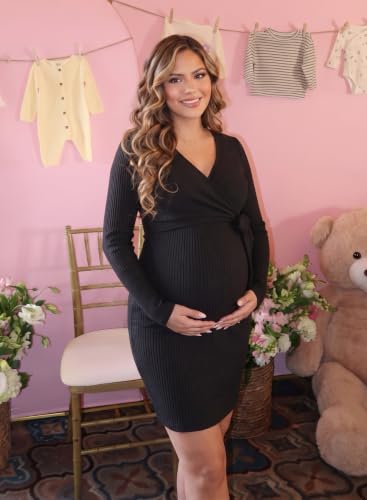 BLENCOT Maternity Dress Fall Long Sleeve Wrap Bodycon Pregnancy Dresses - color: Black, size: Large