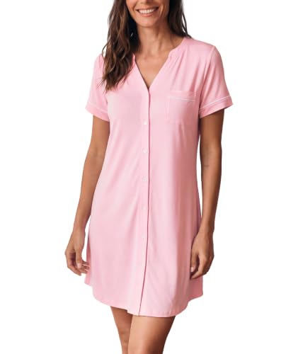 GYS Bamboo Viscose Nightgowns for Women Soft Button Down Sleep Shirt - color: Pink, size: Medium