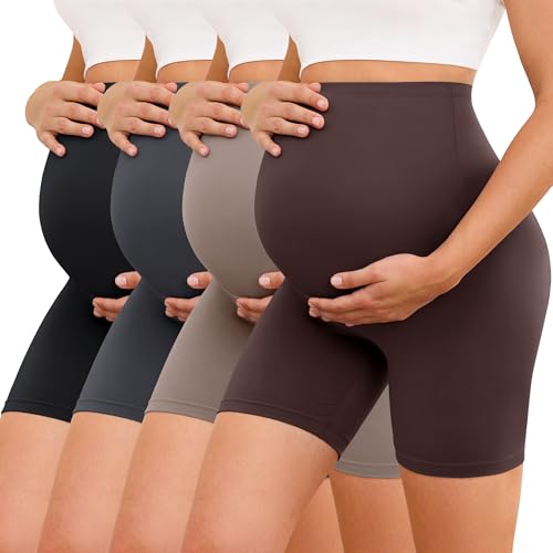 VALANDY Creamlush 4 Pack Comfy Maternity Biker Shorts Over the Belly 5" - color: 4 Packs - Black/Dark Grey/Khaki/Brown, size: Medium