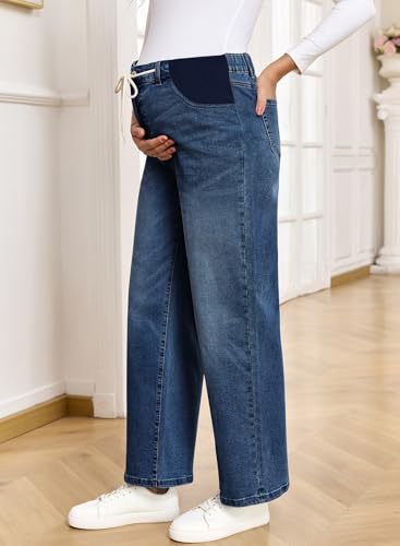 BLENCOT Maternity Jeans High Waisted Drawstring Straight Leg Denim Pants - color: Dirty Blue, size: X-Large