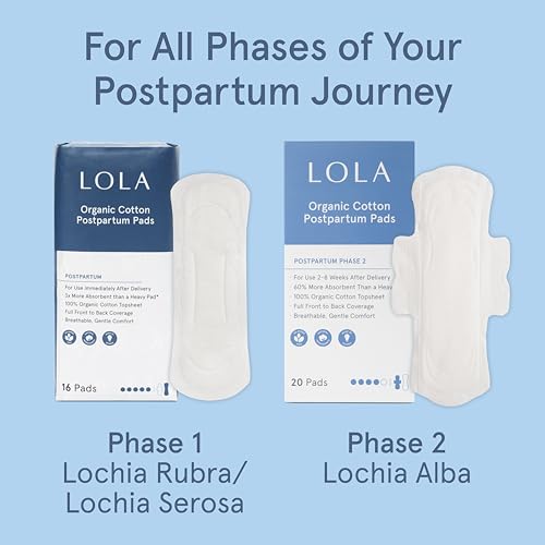 LOLA Organic Cotton Postpartum Pads, 32 Count, Unscented