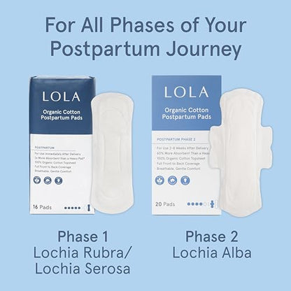 LOLA Organic Cotton Postpartum Pads, 32 Count, Unscented