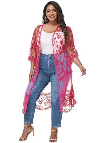 Anna-Kaci Women's Plus Size Lace Cardigan Embroidered Long Kimono Dusters with Half Sleeves - color: Rose, size: X-Large-XX-Large