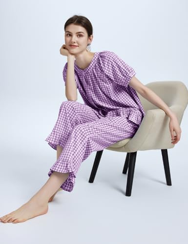 Flygo Women's Cotton Gingham Pajama Set 2 Piece Ruffle Lounge Sleepwear - color: Purple, size: Small