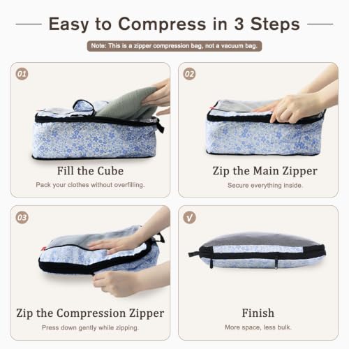 U+U 6 Set Compression Packing Cubes, Travel Organizers (Blue Flower) - color: Blue Flower, size: 6 Set