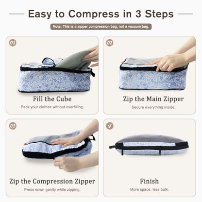 U+U 6 Set Compression Packing Cubes, Travel Organizers (Blue Flower) - color: Blue Flower, size: 6 Set