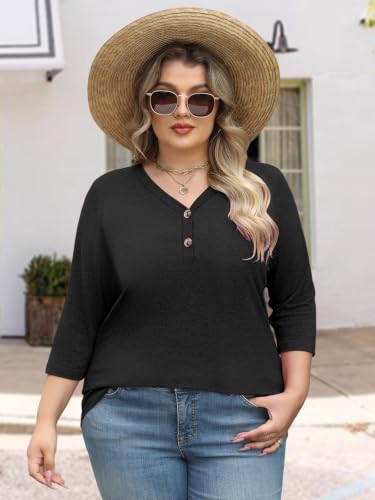 Womens Summer Plus Size 3/4 Length Sleeve Tops Button Down Shirts L-4XL - color: Black, size: Large