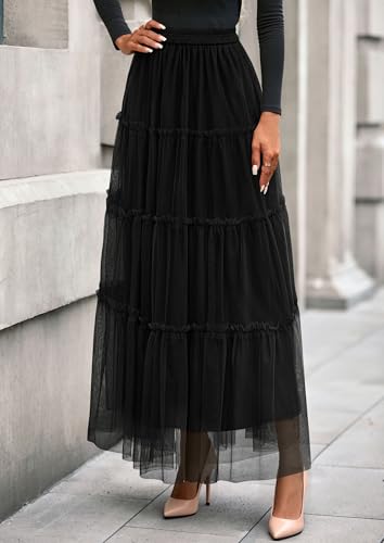 PRETTYGARDEN Women's Fall Soft Tulle Tiered Long Skirt - color: Black, size: Medium
