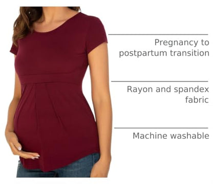Glampunch Maternity Tops, Front Pleat Peplum Tunic Top Pregnancy Shirts - color: A2 Wine Red, size: Medium