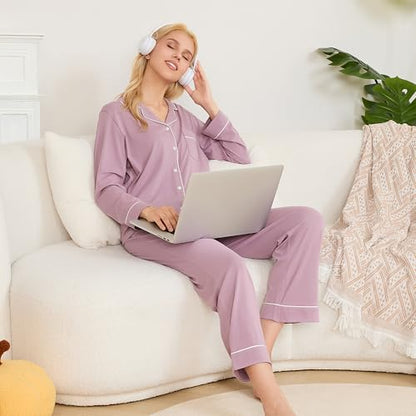 LYCY Cotton Pajamas for Women Set Long Sleeve Lounge Button Up with Pockets - color: Dusty Purple, size: Medium