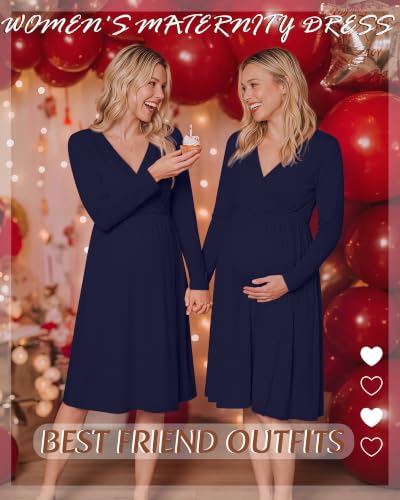 Locoowai Maternity Wrap Long Sleeve Dress V Neck Fall Dress - color: Navy Blue, size: Small