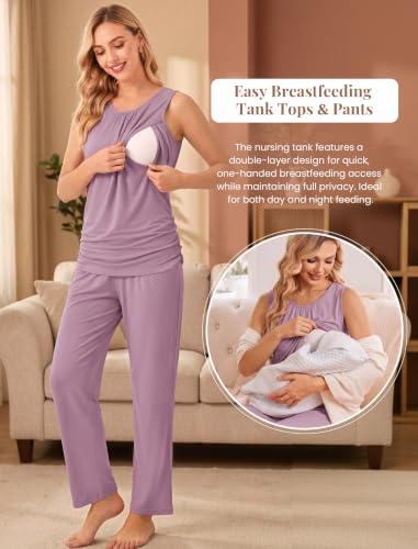 Women 3PCS Maternity Robe Sets Nursing Pajamas Postpartum Breastfeeding Pjs - color: Light Purple, size: Medium