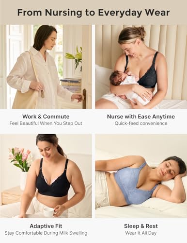 Momcozy Lace Nursing Bra for Breastfeeding, Wirefree Maternity Bra with Fixed Padding, Soft Deep V Bra - color: Black, size: X-Large