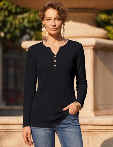 Zeagoo Women's Long Sleeve Waffle Knit Tops 2026 Fall Henley V Neck Shirts - color: Black, size: Large