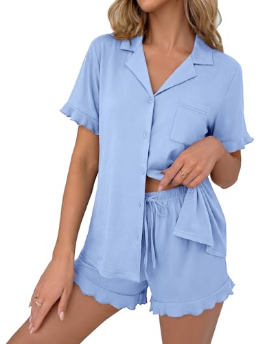 Ekouaer Pajamas Set for Women Button Down Pjs Lounge Sets Ruffle Sleepwear - color: Light Blue, size: Medium