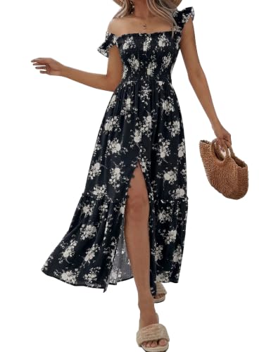 Women Summer Casual Midi Dress Square Neck Button Down Smocked Ruffle Strap Flowy Split Beach Sundress Pockets - color: Black Floral, size: Small
