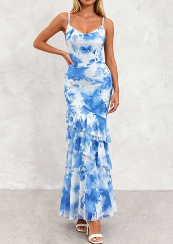 PRETTYGARDEN Women's Boho Floral Tiered Maxi Dress - color: Blue, size: Small