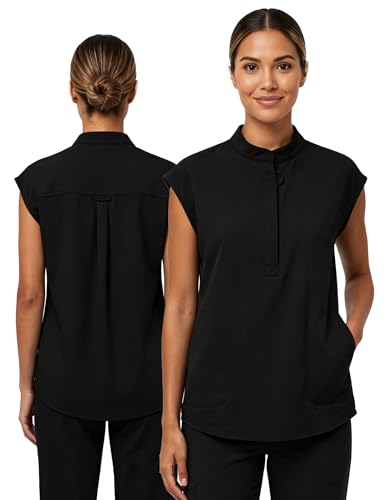 VECARDI Womens Scrub Top Zip Front Dolman Sleeves with Pockets - color: Black, size: Medium
