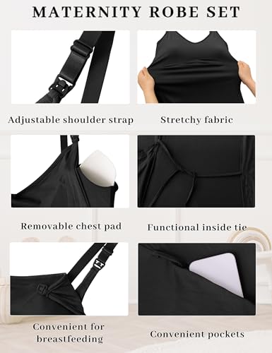 SUNNYBUY Nursing Nightgown & Maternity Robe Set for Postpartum Sleepwear - color: Black, size: Large