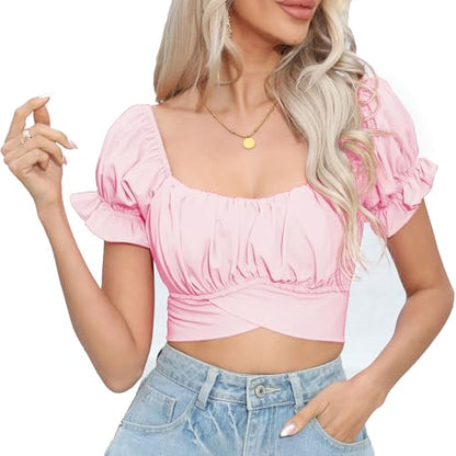 Women's Crop Tops Ruffle Short Sleeve Tie Back Off Shoulder Blouse - color: Baby Pink, size: X-Large