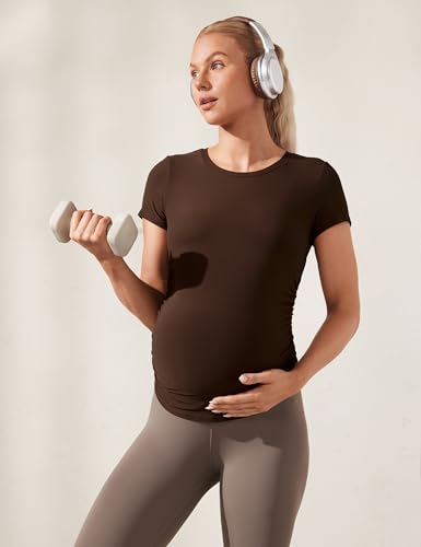 CRZ YOGA Maternity Side Ruched T-Shirt - color: Coffee Brown, size: Small
