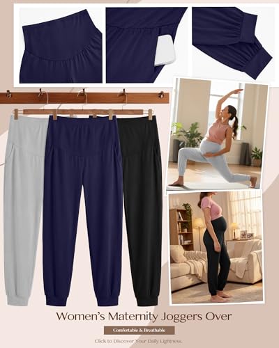 3 Pack Women's Maternity Pants Pregnancy Joggers - color: Navy Blue, Light Gray, Black, size: Medium