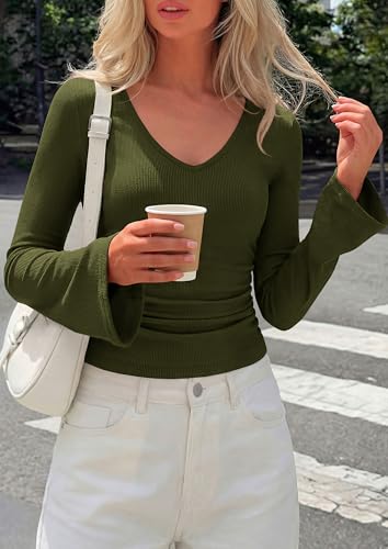 PRETTYGARDEN Womens Fall Cute Tops Bell Long Sleeve Shirts - color: Army Green, size: Medium