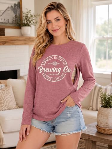 Womens Nursing Breastfeeding Shirt Long Sleeve Hidden Zipper Postpartum Top - color: D-pink, size: Medium
