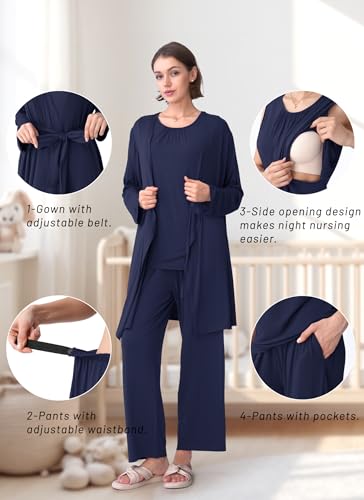 Rnxrbb 3 PCS Nursing Pajamas Robe Set Maternity Postpartum Pjs for Hospital - color: Navy, size: Medium