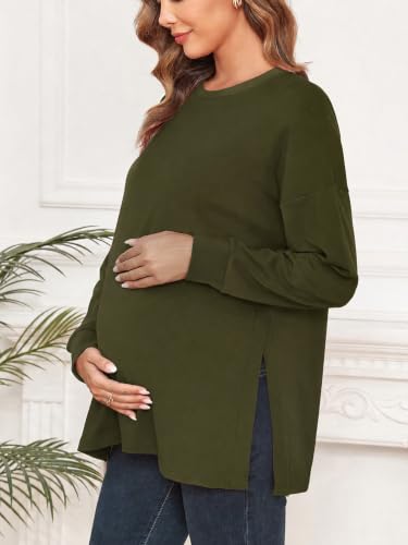 Ecavus Women's Maternity Shirts Long Sleeve Side Split Pregnancy Top - color: Army Green, size: Small