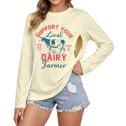 Womens Nursing Breastfeeding Shirt Long Sleeve Hidden Zipper Postpartum Top - color: C-apricot, size: Small