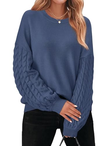 PRETTYGARDEN Womens Fall Sweaters 2025 Cable Knit Long Sleeve Crewneck Casual Chunky Pullover Oversized Sweater Outfits - color: Grey Blue, size: Medium
