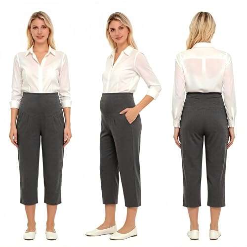 Maternity Capri Pants, Over The Belly Pregnancy Pants with Pocket - color: Dusty Gray, size: Medium