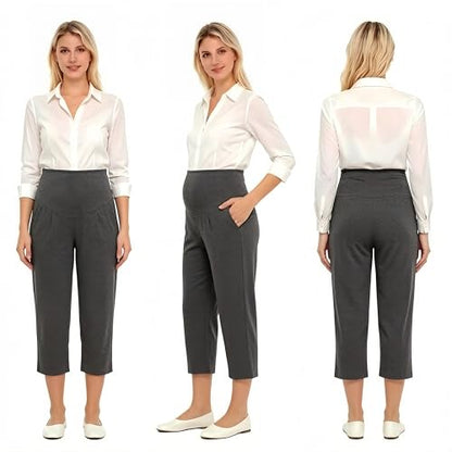 Maternity Capri Pants, Over The Belly Pregnancy Pants with Pocket - color: Dusty Gray, size: XX-Large