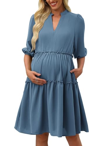 Angashion Women's Maternity Nursing Dress: V-Neck Hidden Zipper Pockets - color: Gray Blue, size: Small