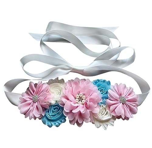 Flowers for Sashes Maternity Pregnancy Sash Belt for Baby Shower Wedding Bride - color: Pink Blue