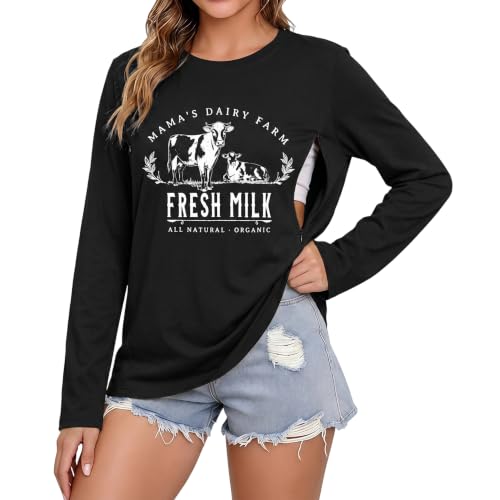 Womens Nursing Breastfeeding Shirt Long Sleeve Hidden Zipper Postpartum Top - color: A-black, size: Medium