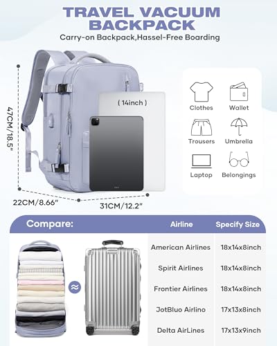 suradar Vacuum Seal Travel Backpack Built-in Pump,Air Compression System Vacuum Vacpack Travel Bag for Women Men Carry On Suitcase Luggage Laptop Airlines Approved Daypack Space Saver Bags Purple - color: A2-purple