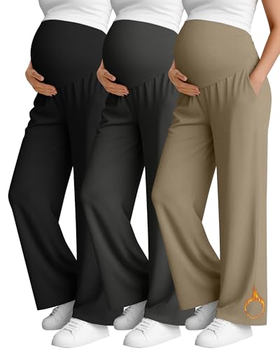 Oakgarden 3 Pack Women's Fleece Maternity Pants - color: Khaki, Charcoal Gray, Black, size: Large